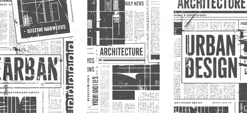 Newspaper clippings featuring architecture and urban text and abstract in a monochromatic palette