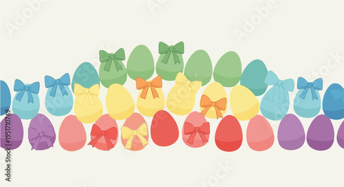 Row of colorful decorative Easter eggs with bows festive spring pattern vector illustration