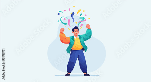 Excited man with colorful confetti and idea lightbulb celebrating victory vector illustration