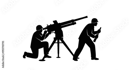 Soldiers operating heavy artillery gun in combat position one loading and the other aiming