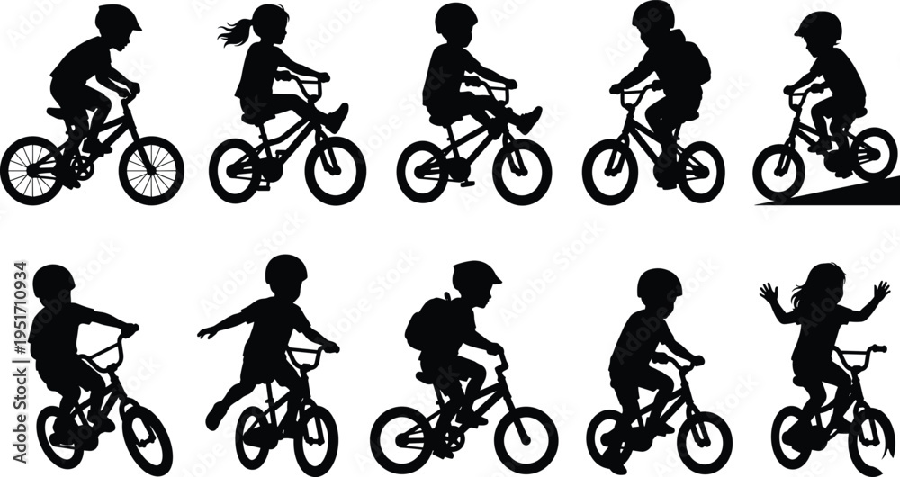 Obraz premium Dynamic silhouettes of children riding bicycles in playful outdoor activities, showcasing energy, movement, exercise, and childhood fun