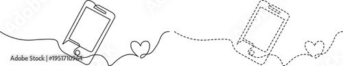 Two smartphones connected by a heart symbol with a dotted line. Vector