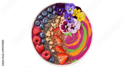 Colorful acai bowl with berries flowers and chia seeds healthy breakfast vector illustration