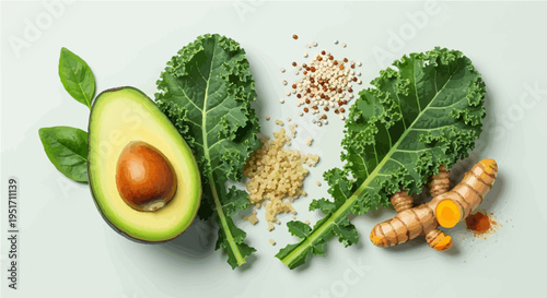 Fresh avocado kale turmeric and seeds arranged for healthy meal concept vector illustration