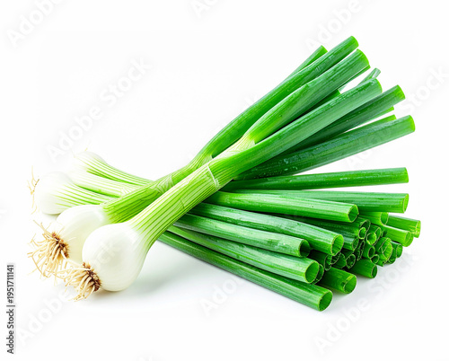 Whole green onions, white background. AI