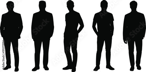 WebSilhouettes of diverse people standing in row, casual and formal clothing, human figures, posture variation, group unity, social representation, illustration