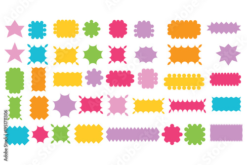 Set of colorful round and oval, rectangular and square, arch shapes with curvy edges.   Geometric forms with scalloped borders. Empty textboxes, stickers, tags or labels. Vector flat illustration..