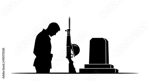 Silhouette of a soldier bowing his head in respect next to a rifle and tombstone on a white background symbolizing remembrance and sacrifice