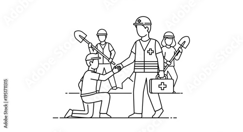 Construction workers collaborating on a project with tools and safety gear.