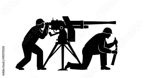Two soldiers operate a large military weapon on a tripod in a combat situation with one loading and the other aiming