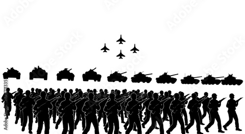 Soldiers marching with tanks and fighter jets in background military operation concept