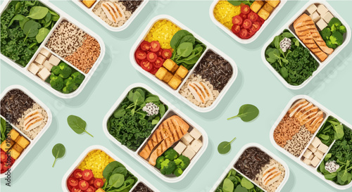 Colorful meal prep boxes filled with fresh healthy ingredients and food vector illustration