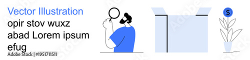 Analysis, discovery, financial growth, problem-solving, business strategy, investment. A person holds a magnifying glass, an open box and a plant with a dollar icon. Analysis and financial growth