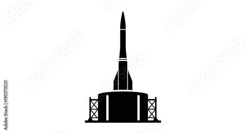 Black silhouette of a rocket on a launchpad with scaffolding structures on either side ready for liftoff