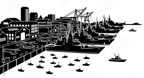 Black and white illustration of a bustling harbor with boats and cranes near industrial buildings