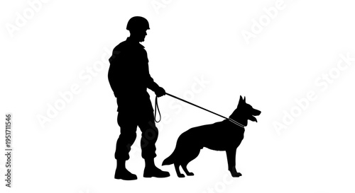 Man in military uniform walking german shepherd dog on leash silhouette