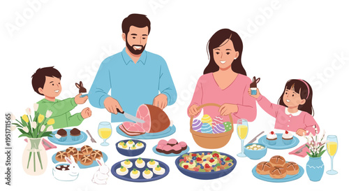 Happy family enjoying delicious dinner together at home table vector illustration