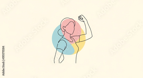 Woman flexing arm showing strength and determination in minimalist line art style.