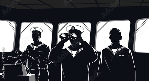 Silhouette of sailors on ship bridge at night looking out windows with binoculars