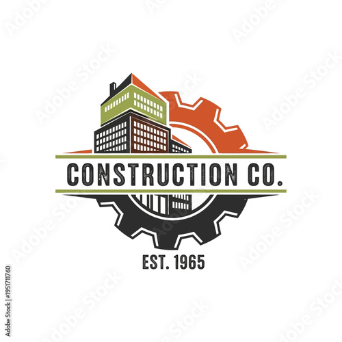 Retro Construction Company Logo with Building, Gear, Architecture, Engineering, Established 1965 on an isolated white background