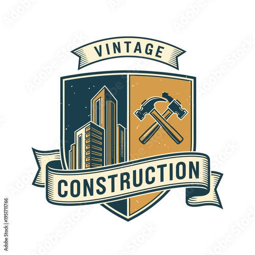 Vintage Construction Logo with Building Silhouette, Crossed Hammer and Pickaxe, Repair Tools, Classic Design on an isolated white background