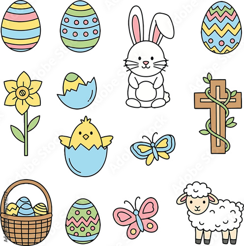 Easter Holiday Cartoon Illustration  Bunny, Eggs, Chick, Lamb, Cross, Flowers, Basket, and Butterflies
