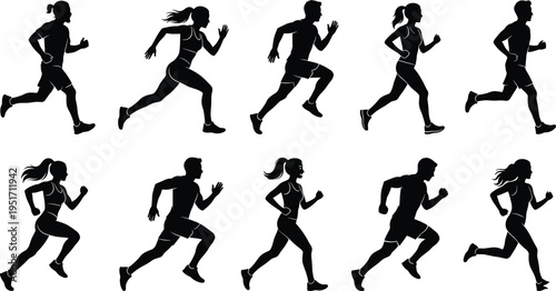 Dynamic silhouettes of runners in motion showcasing athletic fitness, sports training, and human biomechanics for design and animation