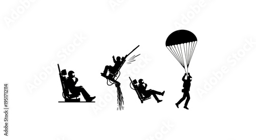 Silhouette of people engaging in various adventure sports paragliding ziplining and swinging black icons on white background