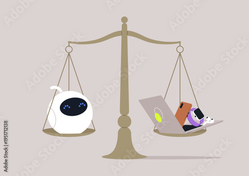 Classic scales harmoniously balance various tech devices against an AI assistant, showcasing creativity and modernity in a balanced composition that sparks curiosity.