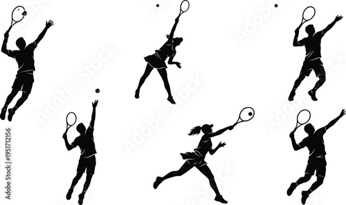 Dynamic silhouettes of male and female tennis players in action poses with rackets and balls on white background