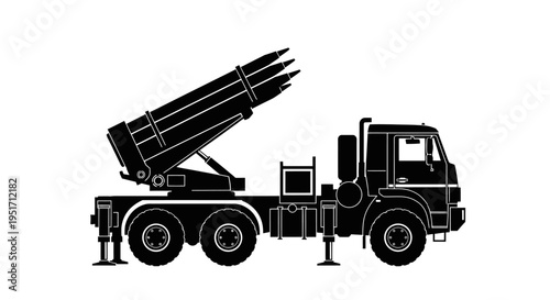 Black silhouette of a military truck with missile launcher on a white background detailed illustration