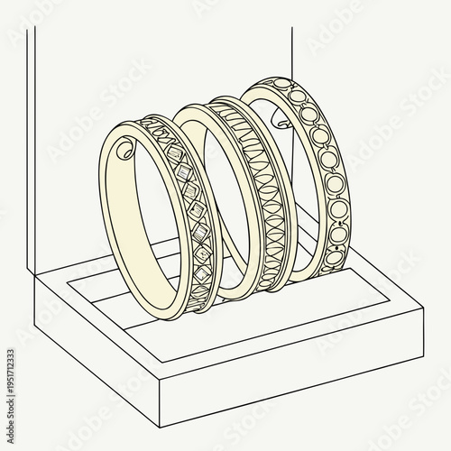 Colored line of three bracelets on a display stand