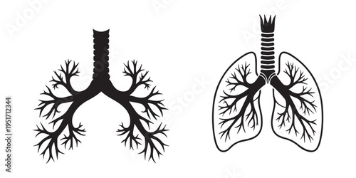 A stark black silhouette of human lungs and trachea against a white background representing respiratory system anatomy silhouette