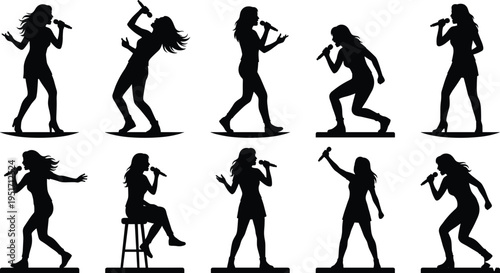 Dynamic silhouettes of singers performing with microphones in expressive poses, showcasing energy, passion, and live music performance art
