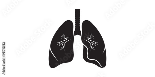 A stark black silhouette of human lungs and trachea against a white background representing respiratory system anatomy silhouette