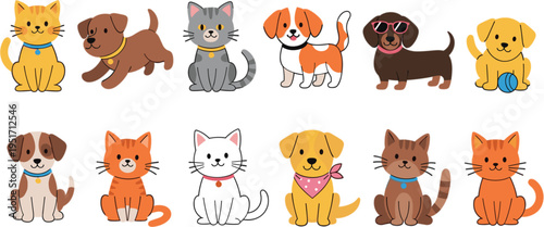 Cute cartoon cats and dogs collection with different breeds adorable pets sitting animals flat vector illustration set