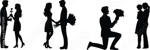 WebRomantic couple silhouettes, love gestures, giving flowers, proposal scene, courtship illustration, affectionate embrace, relationship theme, vector art, black silhouette, isolated