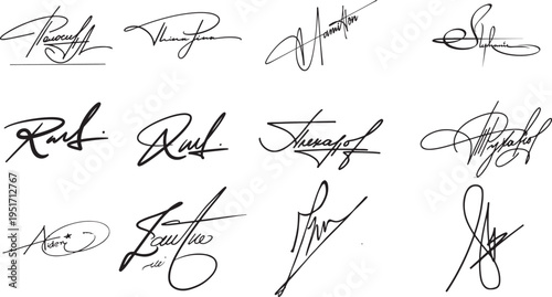 Collection of diverse handwritten signatures and monograms, isolated on white. artistic custom scripts for personal branding, legal documents, and graphic design