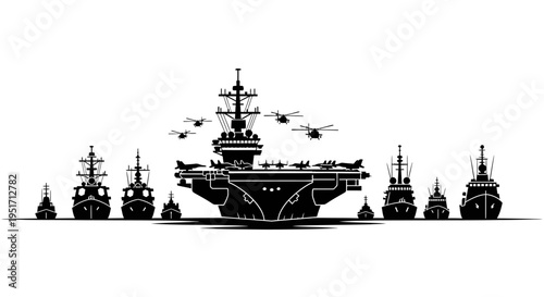 Large aircraft carrier with smaller ships and helicopters in a naval fleet formation at sea