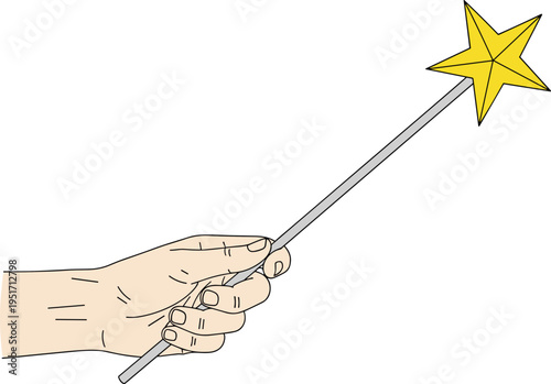 Hand holding magic wand with star symbol fantasy imagination spell concept creative illustration vector design isolated on white background