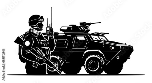 Soldier standing beside armored military vehicle with mounted gun wearing tactical gear and holding rifle ready for combat operation