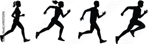 WebRunning silhouettes progression, jogging to sprint, athletic training, fitness exercise, body movement, sports activity, vector illustration, black silhouette, isolated