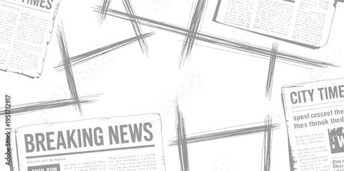 Newspaper clippings with bold headlines and abstract grey brush strokes overlay breaking city