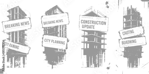 Four abstract grey construction sites with signs for breaking news city planning construction update and cautioning building