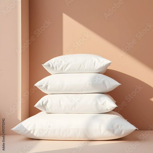 White pillow stack soft minimal three soft white pillows stacked beside warm peach wall with directional sunlight and long shadows for tranquil bedroom mood.