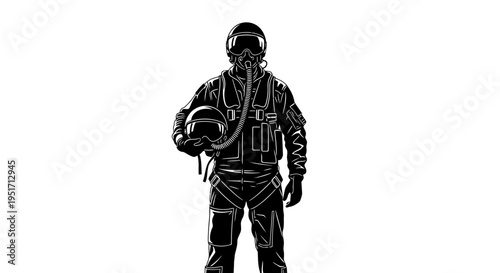 Black and white illustration of a pilot in flight suit holding helmet with oxygen mask and tube