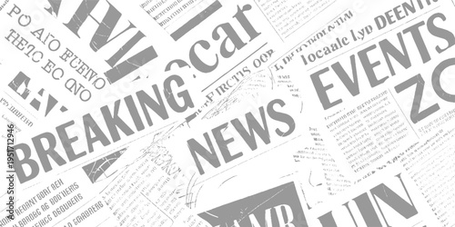 Overlapping grey newspaper headlines and text fragments on white background