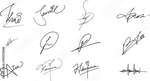 Variety of elegant handwritten signatures and custom script logos, isolated on white. artistic flourishes and unique lettering for personal and business branding