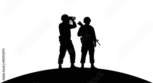 Two soldiers standing on a hill looking through binoculars and holding a gun in a surveillance or reconnaissance mission
