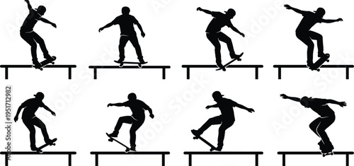 Dynamic silhouettes of skateboarder performing rail tricks, showcasing balance, grind, jump, and freestyle skateboarding motion artistry